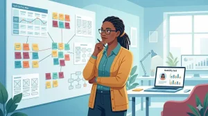 Aspiring UX researcher from non-tech background analyzing user journey maps and sticky notes in a modern workspace