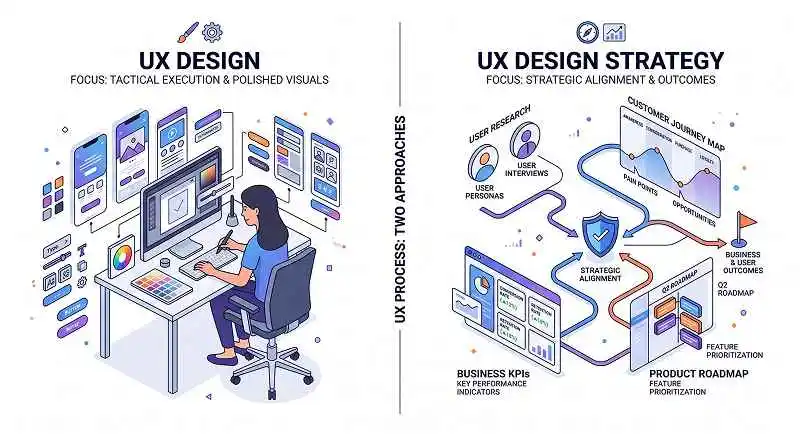 Comparison of UX design vs UX design strategy showing screens on one side and roadmap, research, and business goals on the other