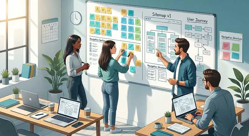 Designer mapping website information architecture in one week on a whiteboard with sticky notes and user flows