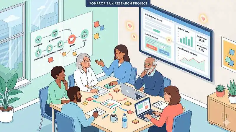 Nonprofit team analyzing donor insights from a UX research project on a tight budget