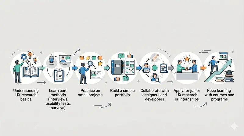 Step-by-step roadmap showing how to become a UX researcher from a non-tech background