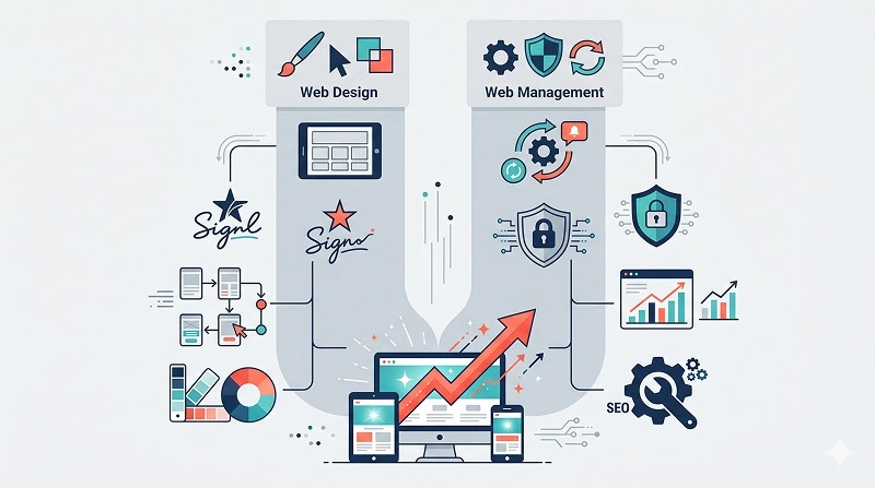Diagram comparing small business web design and web management, showing how both sides work together for a high-performing website