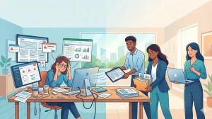 Small business owner feeling overwhelmed by web design and management tasks at a cluttered desk, with a professional agency taking over the work