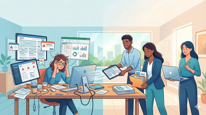 Small business owner feeling overwhelmed by web design and management tasks at a cluttered desk, with a professional agency taking over the work