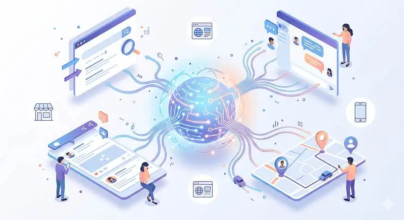 AI assistant connecting customers to a business across search, chat, and social platforms