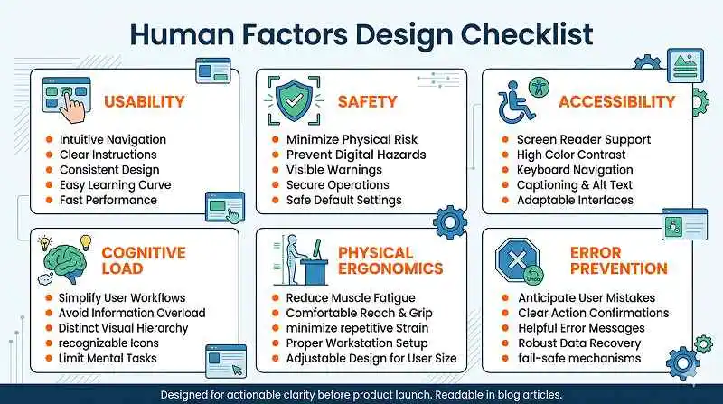 Checklist infographic of key human factors considerations in product design