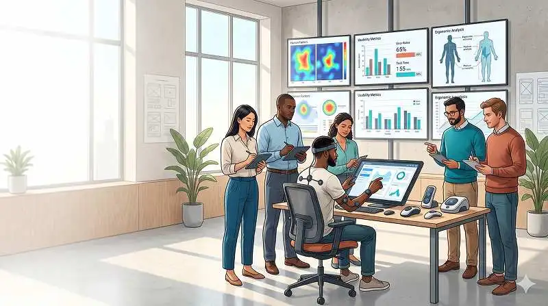 Human factors design expert analyzing product interface with diverse users in a modern studio