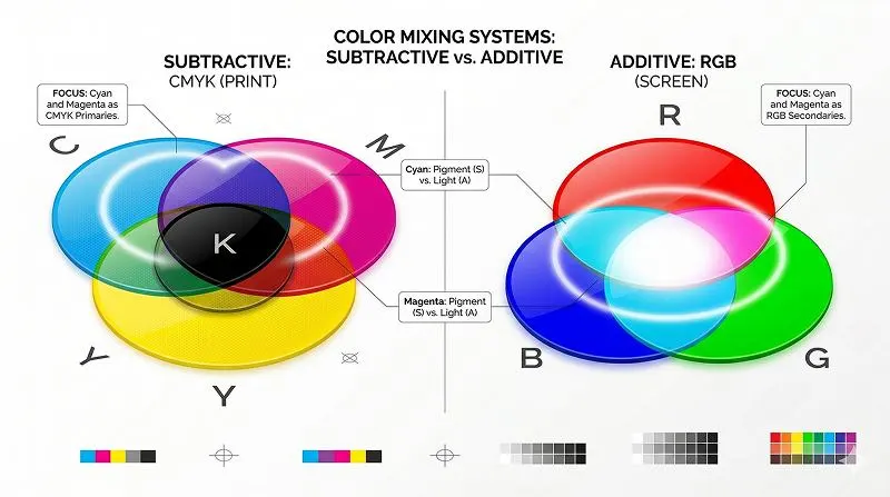 Illustration comparing CMYK subtractive color mixing with RGB additive color mixing highlighting cyan and magenta