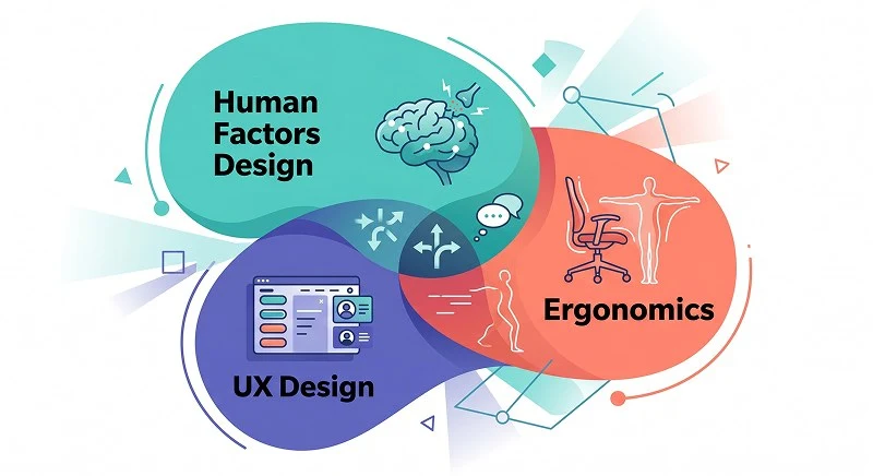 Illustration explaining the relationship between human factors, ergonomics, and UX in product design