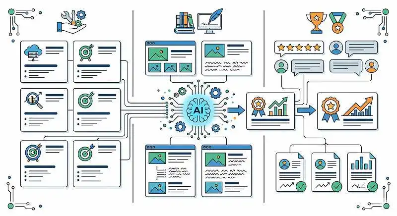 Infographic diagram showing three AI-ready business elements: clear services, structured content, and strong proof signals