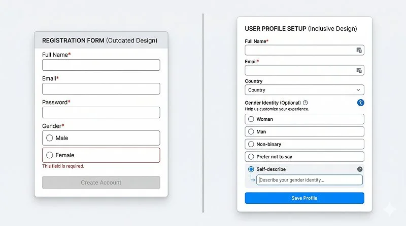 Accessible online form section showing an optional gender field with inclusive answer choices and self-describe option