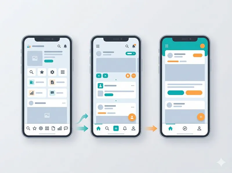 Comparison of overloaded bottom navigation bar versus ideal number of items in mobile app UX