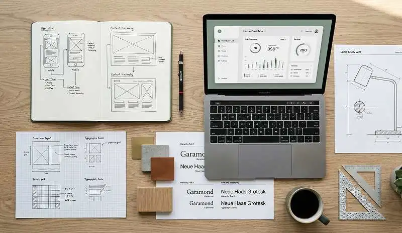 Design process showing sketches, hierarchy, structure, and intentional visual planning