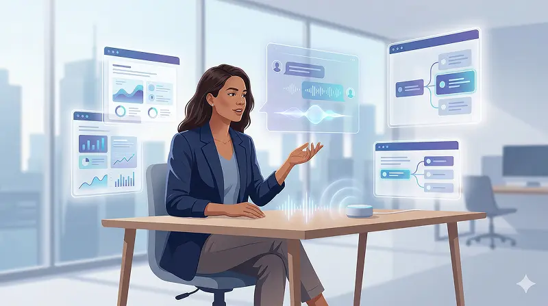 Future of human-computer interaction with AI showing human collaboration through chat, voice, and augmented interfaces