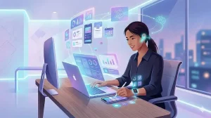 Human-computer interaction illustration showing a person using multiple digital devices with AI-powered interfaces
