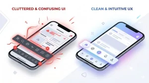Illustration of a mobile app bottom navigation bar with common UX design mistakes highlighted