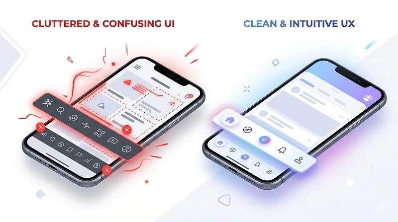 Illustration of a mobile app bottom navigation bar with common UX design mistakes highlighted
