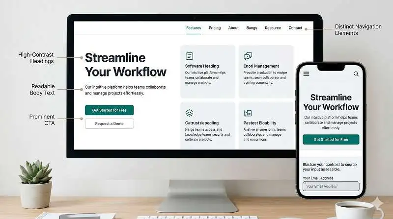 Website and mobile interface example using contrast to improve readability, hierarchy, navigation, and call-to-action visibility.