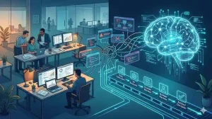 Abstract illustration of integrating AI into human workflows showing humans and AI systems trying to connect in a messy digital environment
