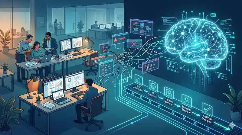 Abstract illustration of integrating AI into human workflows showing humans and AI systems trying to connect in a messy digital environment