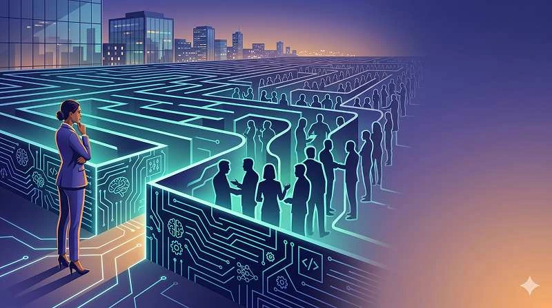 Business leader facing a maze of AI technology realizing that AI transformation is not just a technology problem but a human challenge