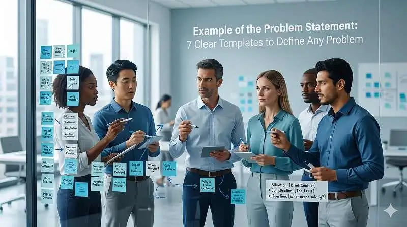 Business team defining a clear problem statement using templates on a glass board
