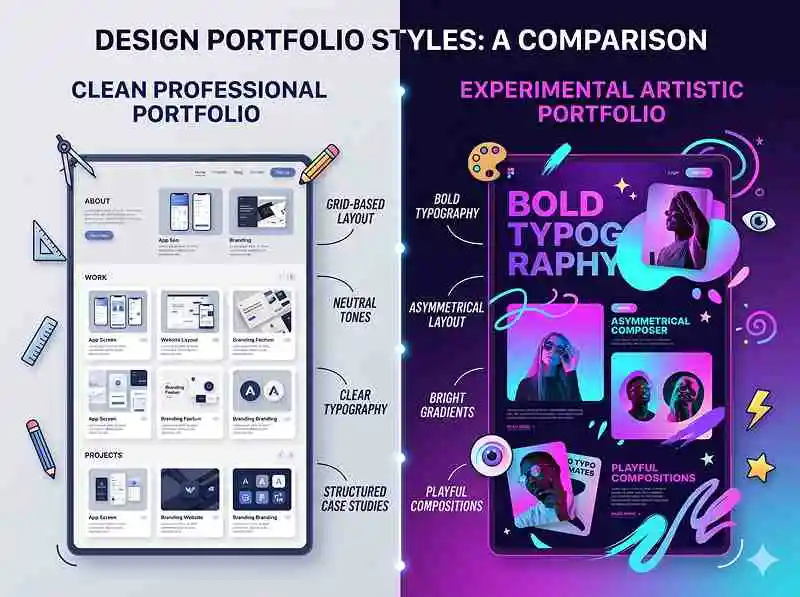 Comparison between professional and experimental design portfolio styles with contrasting layouts