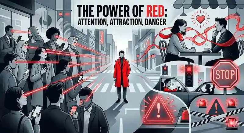 Concept illustration of the color red manipulating attention, attraction, and danger in everyday life