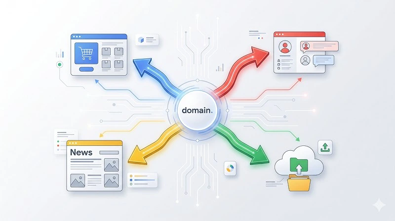 Conceptual illustration of Google Domains synthetic records and URL forwarding shortcuts