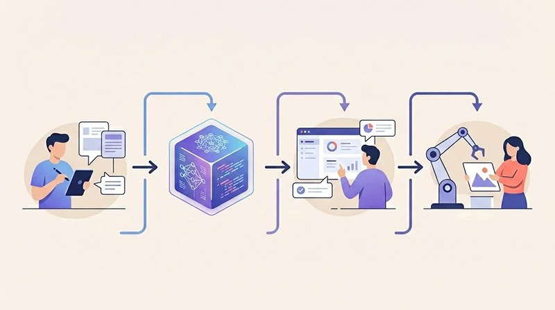 Conceptual illustration of end-to-end AI integration into human workflows showing connected stages from input to decision and action