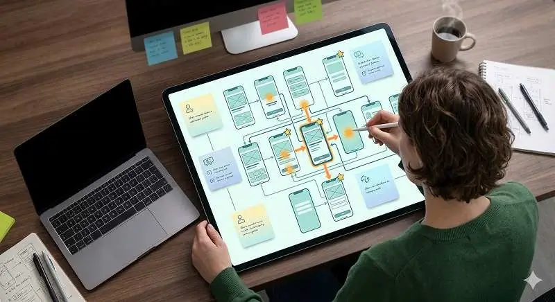 Designer mapping critical user interactions with flow diagrams and prioritized states on a digital canvas