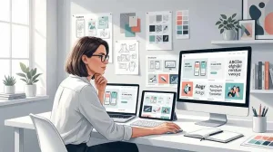 Designer reviewing a digital design portfolio on multiple devices, showcasing clean modern UI projects