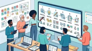 Designer team collaborating around a user-centered design UCD process flow on a large screen