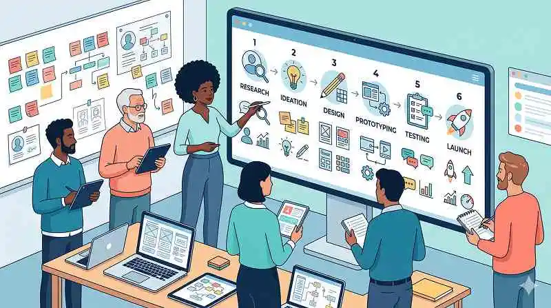 Designer team collaborating around a user-centered design UCD process flow on a large screen