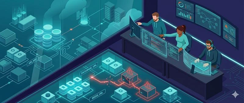 Developer team debugging twelve-factor app configuration with environment variables in a modern cloud-native dashboard