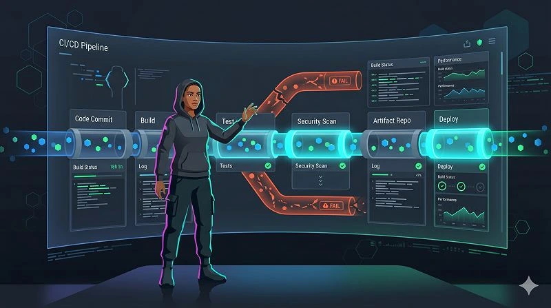 Developer visualizing environment variables flowing into a CI build pipeline
