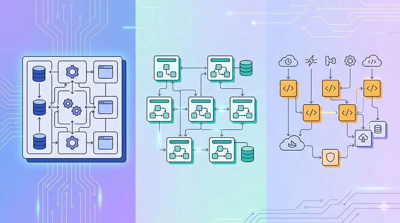 Diagram comparing monolith, microservices, and serverless units as different deployment models for software components