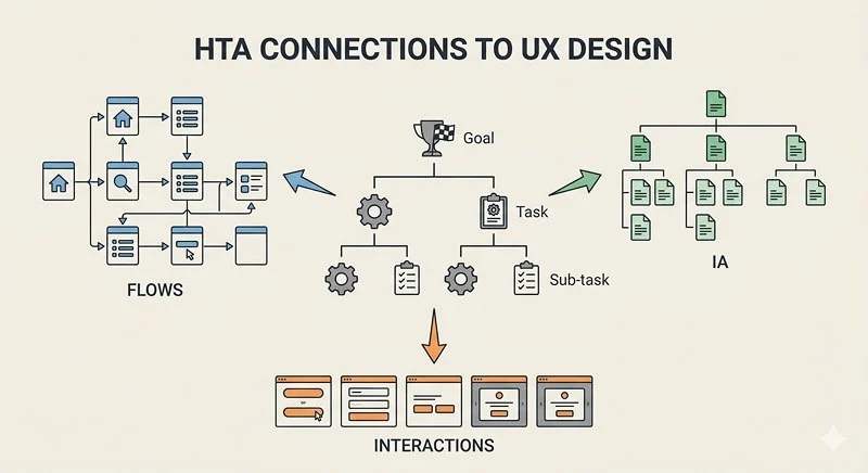 Diagram connecting hierarchical task analysis to user flows, information architecture, and interaction design