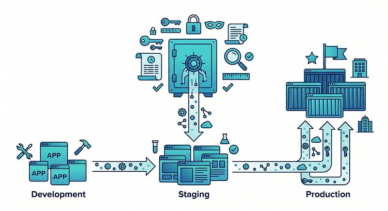 Diagram of a twelve-factor app configuration setup using environment variables as a single source of truth across multiple environments