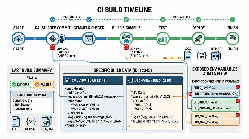 Infographic of environment variable traceability and HTTP API access for build causes