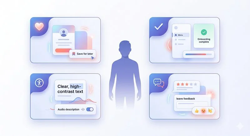 Illustration of core elements of user-centered design focusing on empathy, usability, accessibility, and feedback