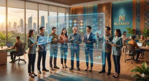 Illustration of AI-driven ERP systems shaping the future of Nusaker through connected data and automation