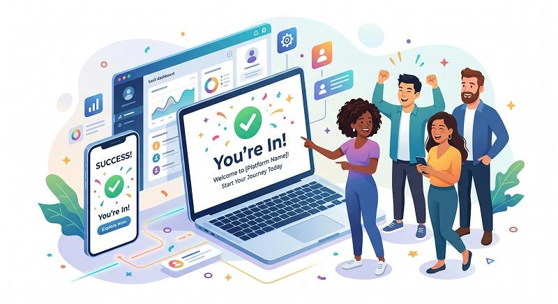 Illustration of a new user celebrating a successful registration with an exciting welcome message on a laptop screen