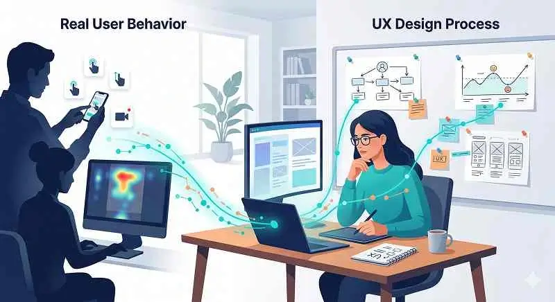 Illustration of a UX designer connecting user behavior research with flow sketches and digital product screens.