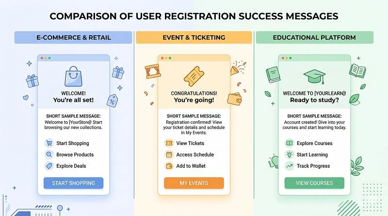 Infographic comparing user registration success messages for ecommerce, events, and education use cases