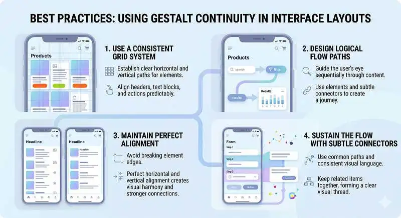 Infographic diagram explaining best practices for using the Gestalt principle of continuity in interface layouts