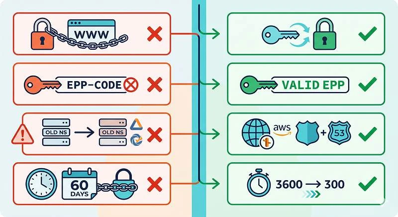 Infographic diagram of common Route 53 domain transfer failure points and how to avoid downtime