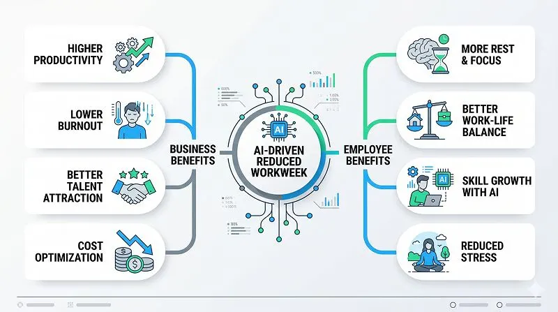Infographic diagram of the business and employee benefits of an AI-driven reduced workweek