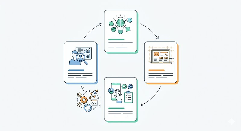 Infographic diagram of the user centered design UCD process step by step from research to post-launch iteration