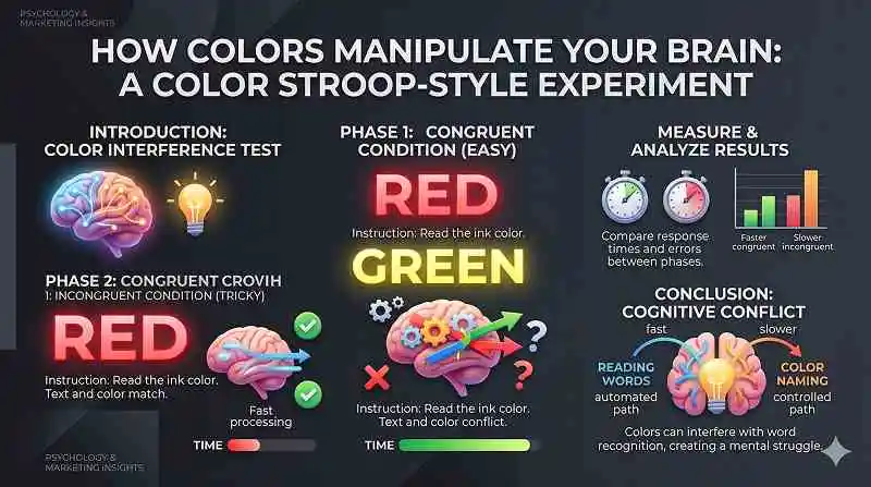 Infographic explaining a simple color Stroop-style experiment to test how easily colors manipulate people